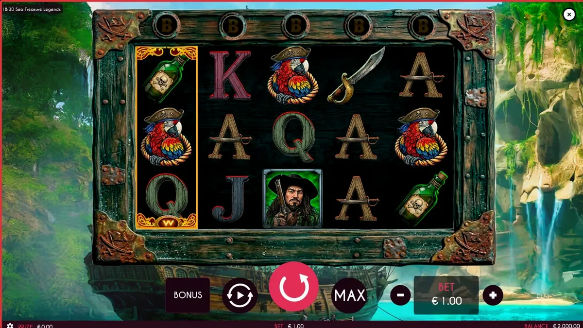 Tampilan visual slot Sea Treasures Legend dengan tema bajak laut dan peta harta karun