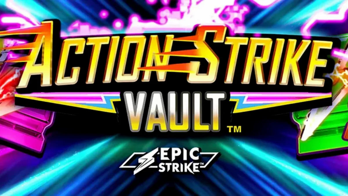 Tampilan layar permainan slot Action Strike Vault pada perangkat seluler dengan latar belakang kosmik.